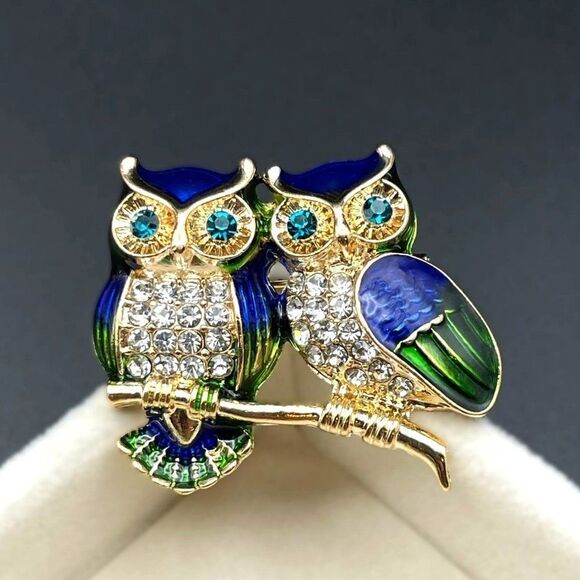 Yellow Gold with Aquamarine and Diamond Crystal Enamel Owl Pin Back Brooch - Picture 2 of 7
